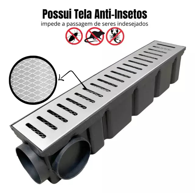 Ralo Linear em inox 10x50 com coletora modular e Tela Anti Inseto